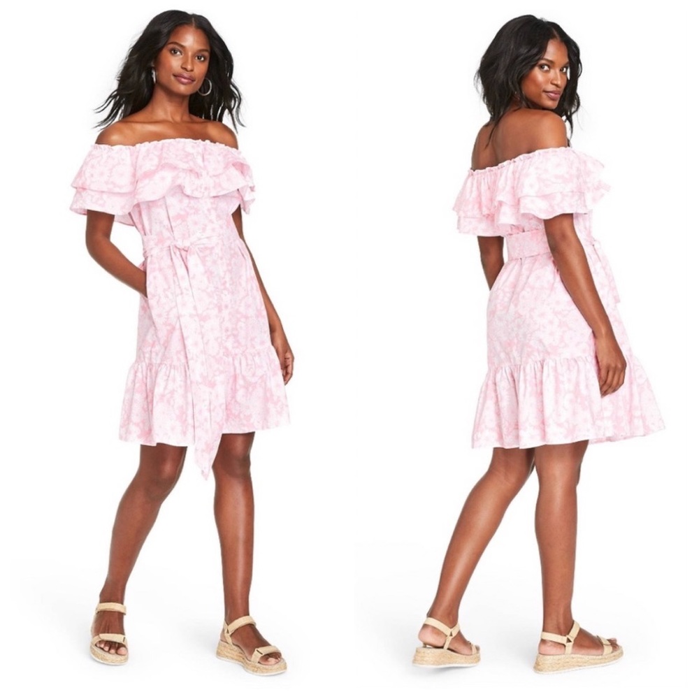 Lisa Marie Fernandez Pink Floral Ruffle Dress w/ Tie Belt Cotton Size Small